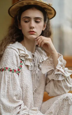 Elsie Vintage Elegant Luxury Embroidery Long Dress Ruffled Collar Casual Loose Cotton Dress