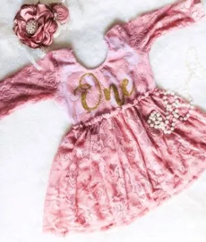 First Birthday Dusty Rose Lace Skirted Romper Glitter One: 12 - 24 Months