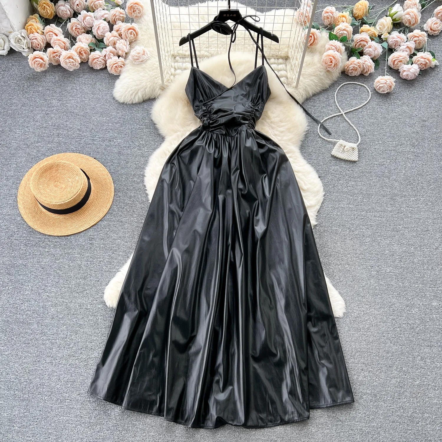 Floral Choker PU Pleated Slip Dress