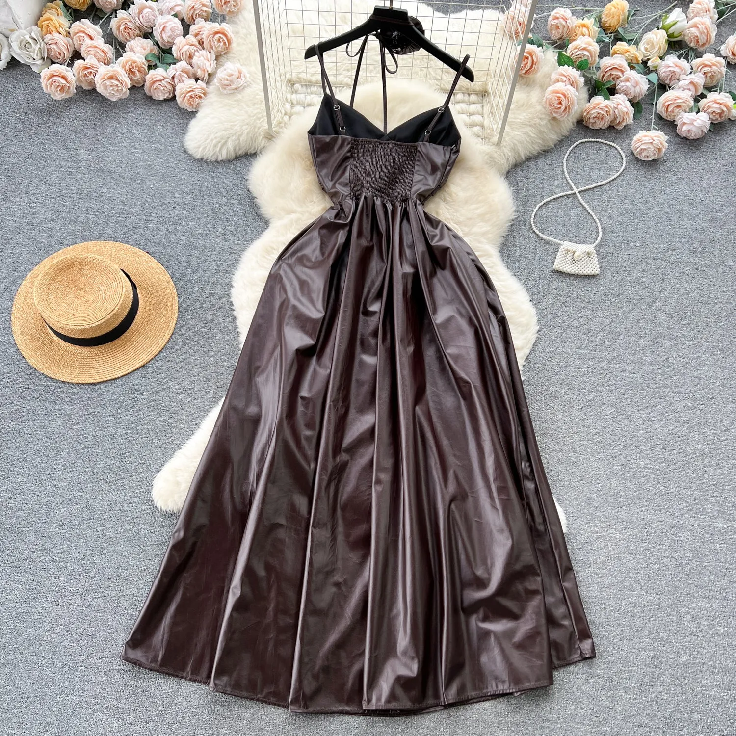 Floral Choker PU Pleated Slip Dress