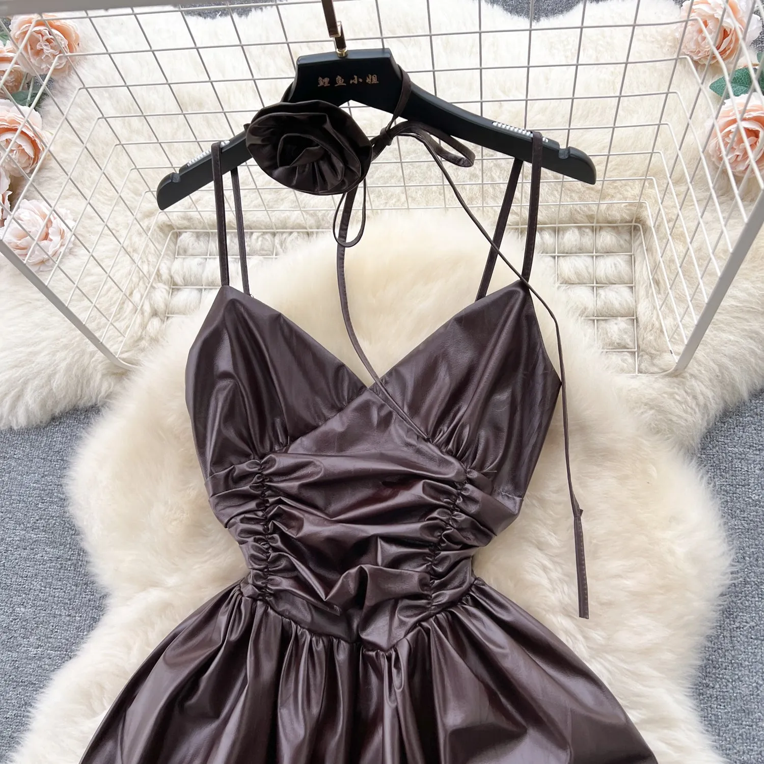 Floral Choker PU Pleated Slip Dress