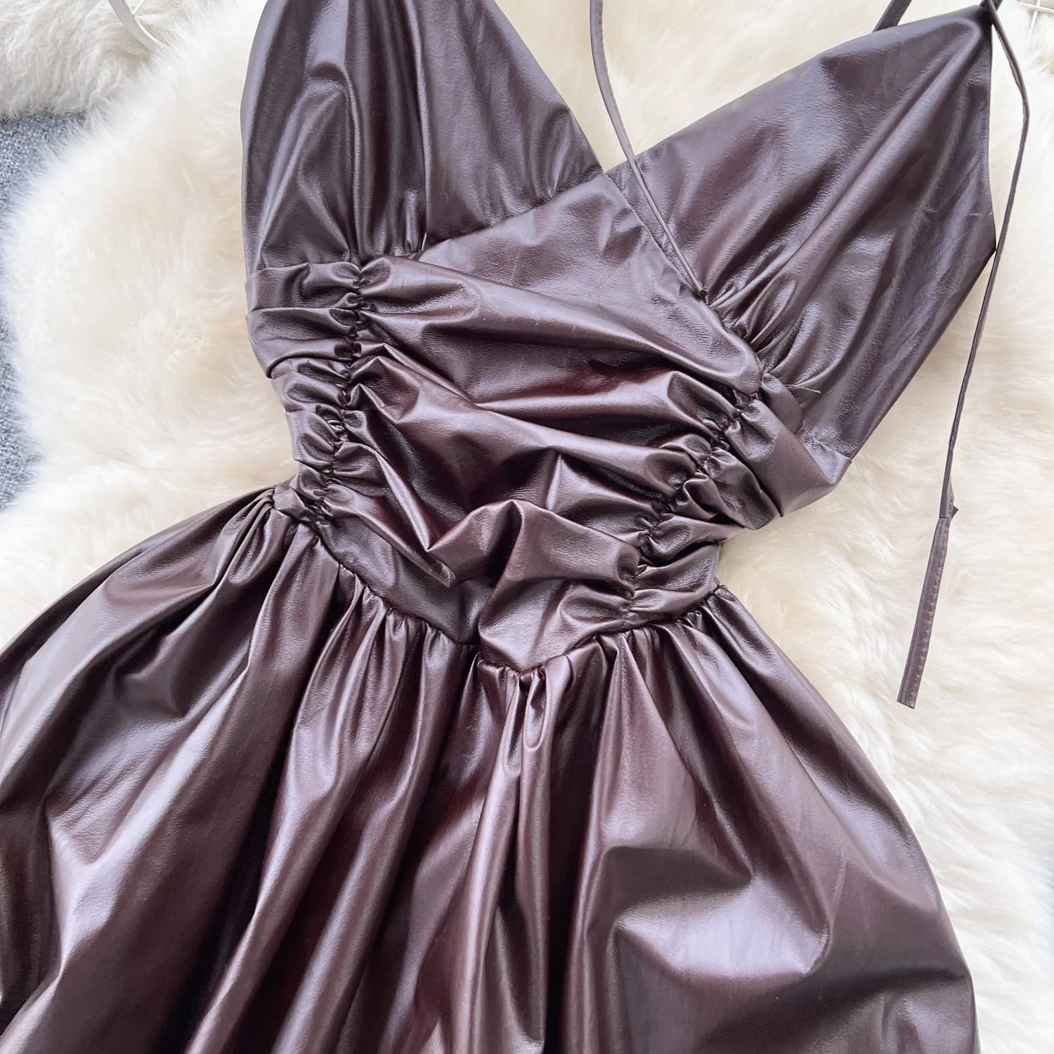 Floral Choker PU Pleated Slip Dress