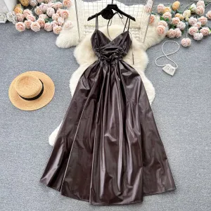Floral Choker PU Pleated Slip Dress