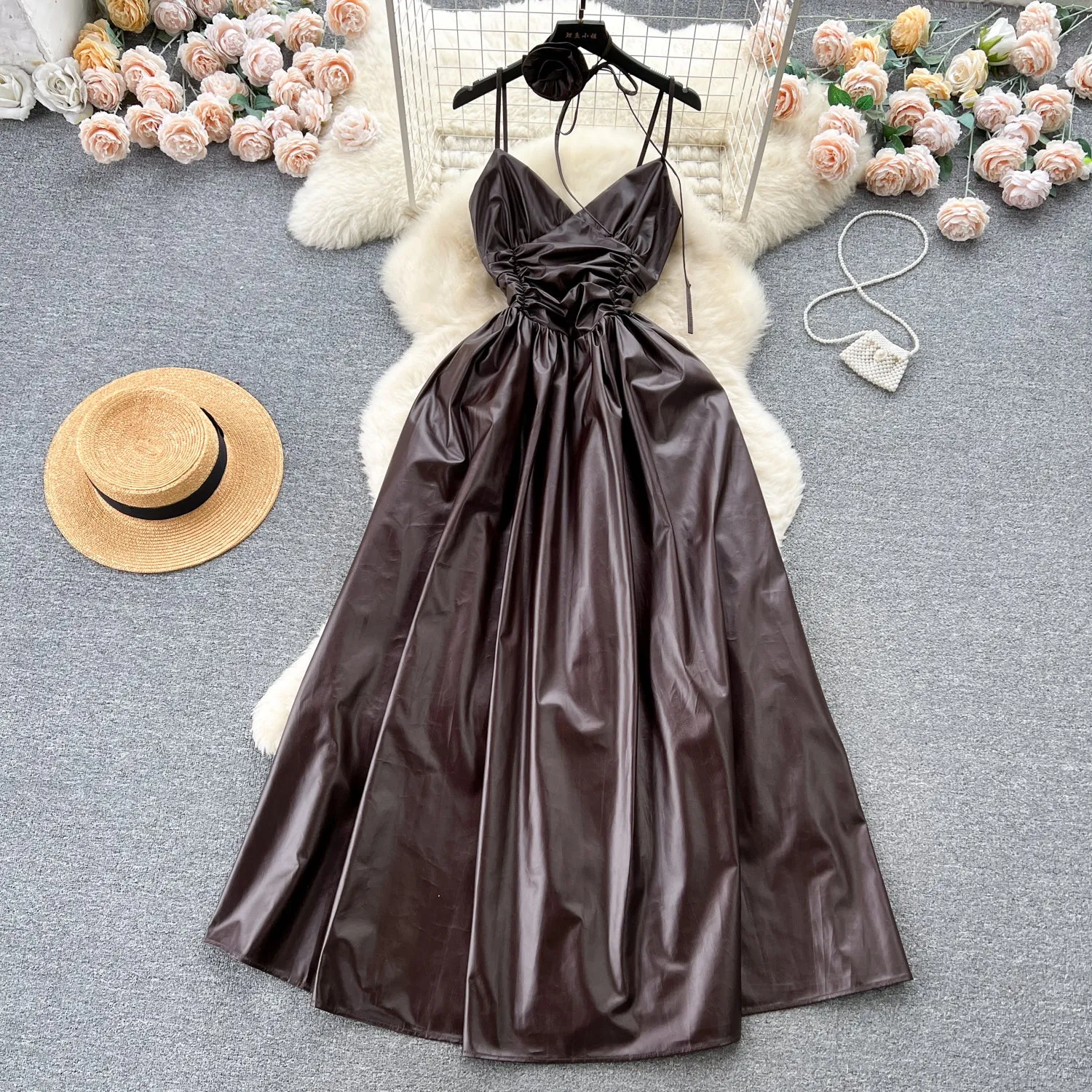 Floral Choker PU Pleated Slip Dress
