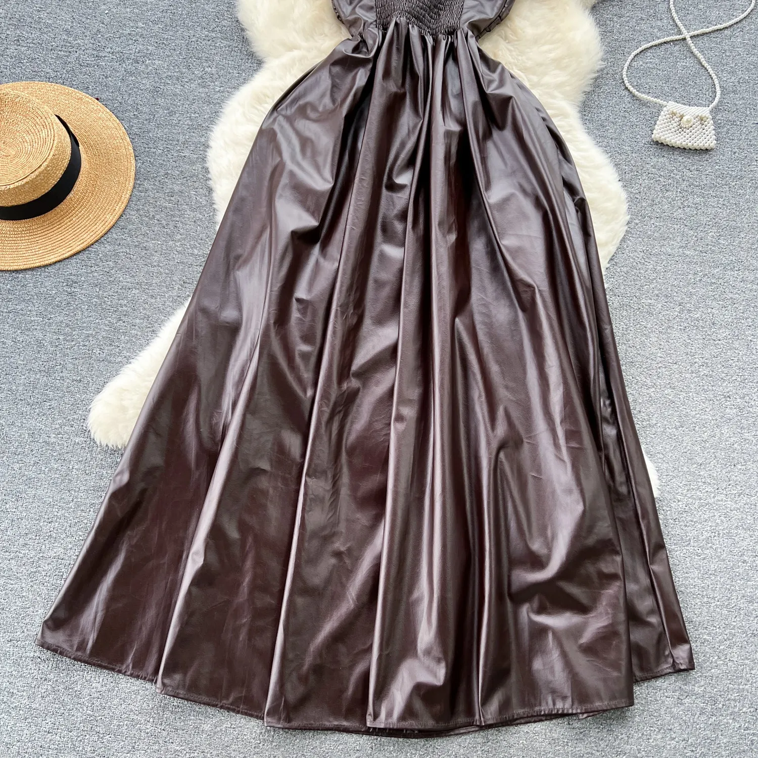 Floral Choker PU Pleated Slip Dress