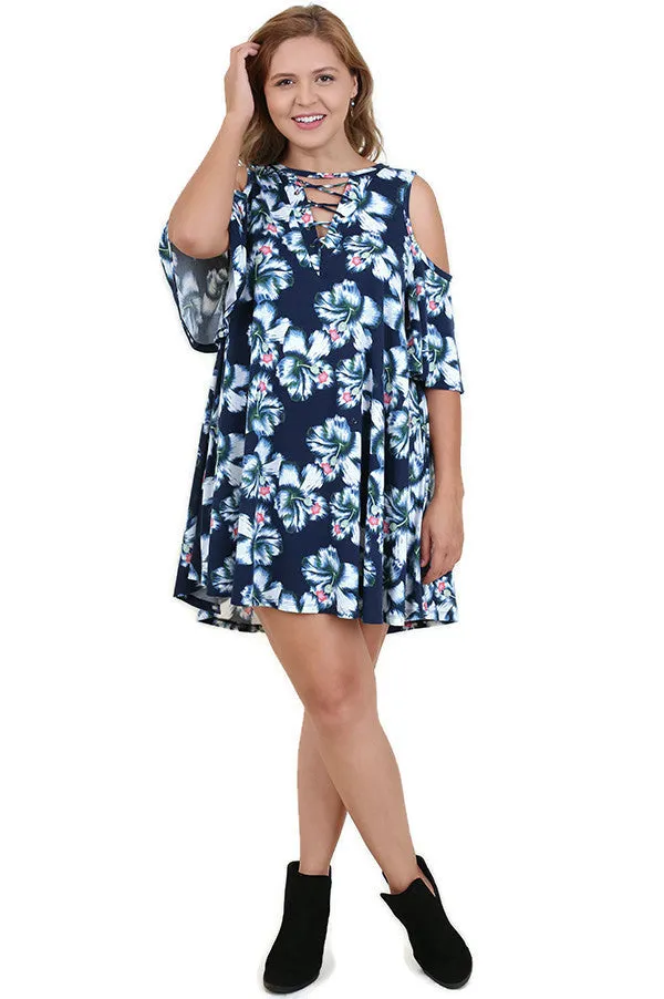 Floral Cold Shoulder Criss Cross Dress, Navy