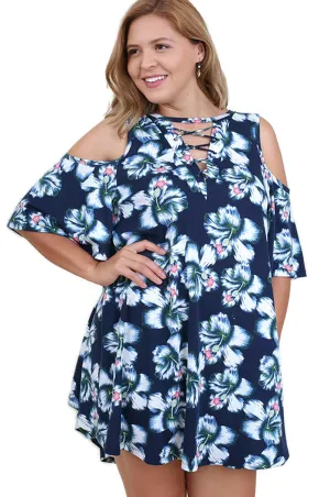 Floral Cold Shoulder Criss Cross Dress, Navy