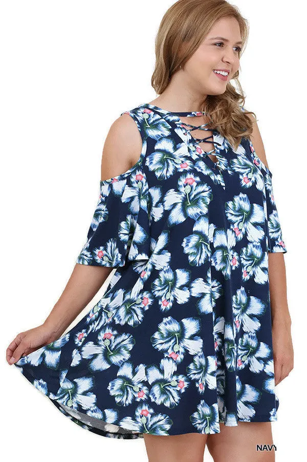 Floral Cold Shoulder Criss Cross Dress, Navy