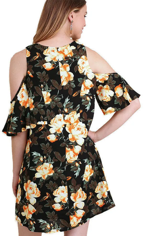 Floral Cold Shoulder Dress, Black