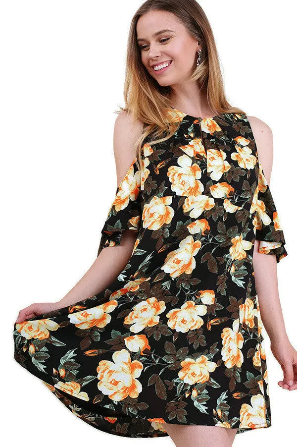 Floral Cold Shoulder Dress, Black