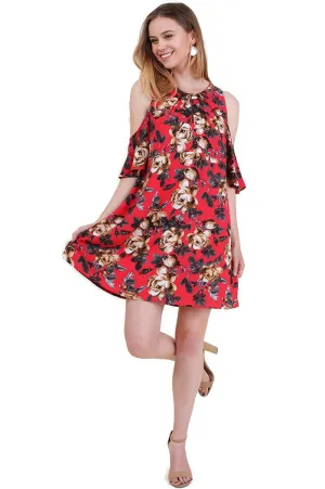 Floral Cold Shoulder Dress, Red