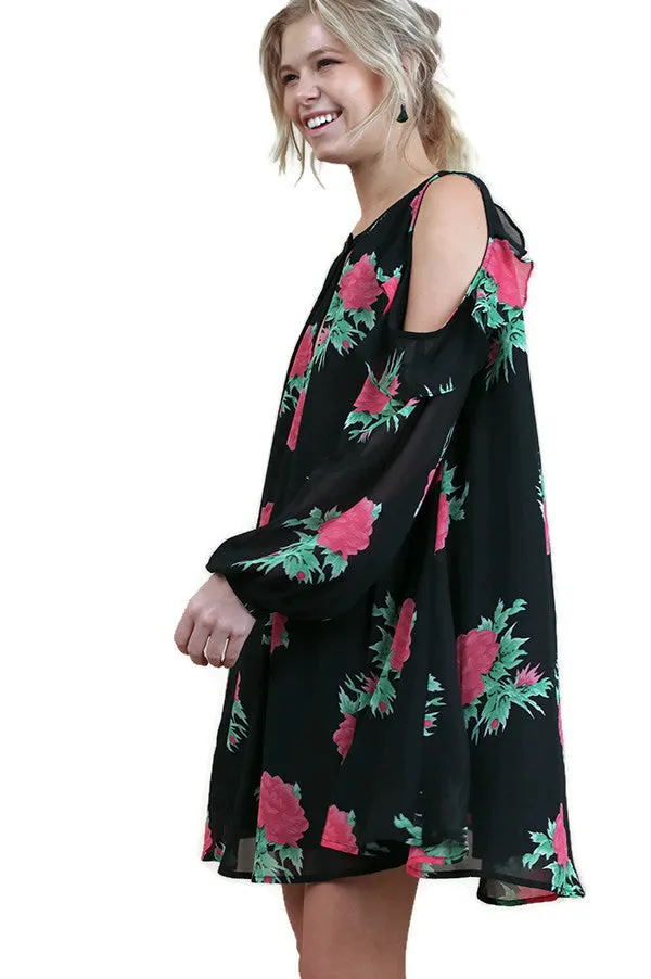 Floral Cold Shoulder Keyhole Dress