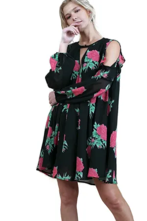 Floral Cold Shoulder Keyhole Dress