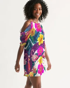 Floral Flamingos Cold Shoulder Dress