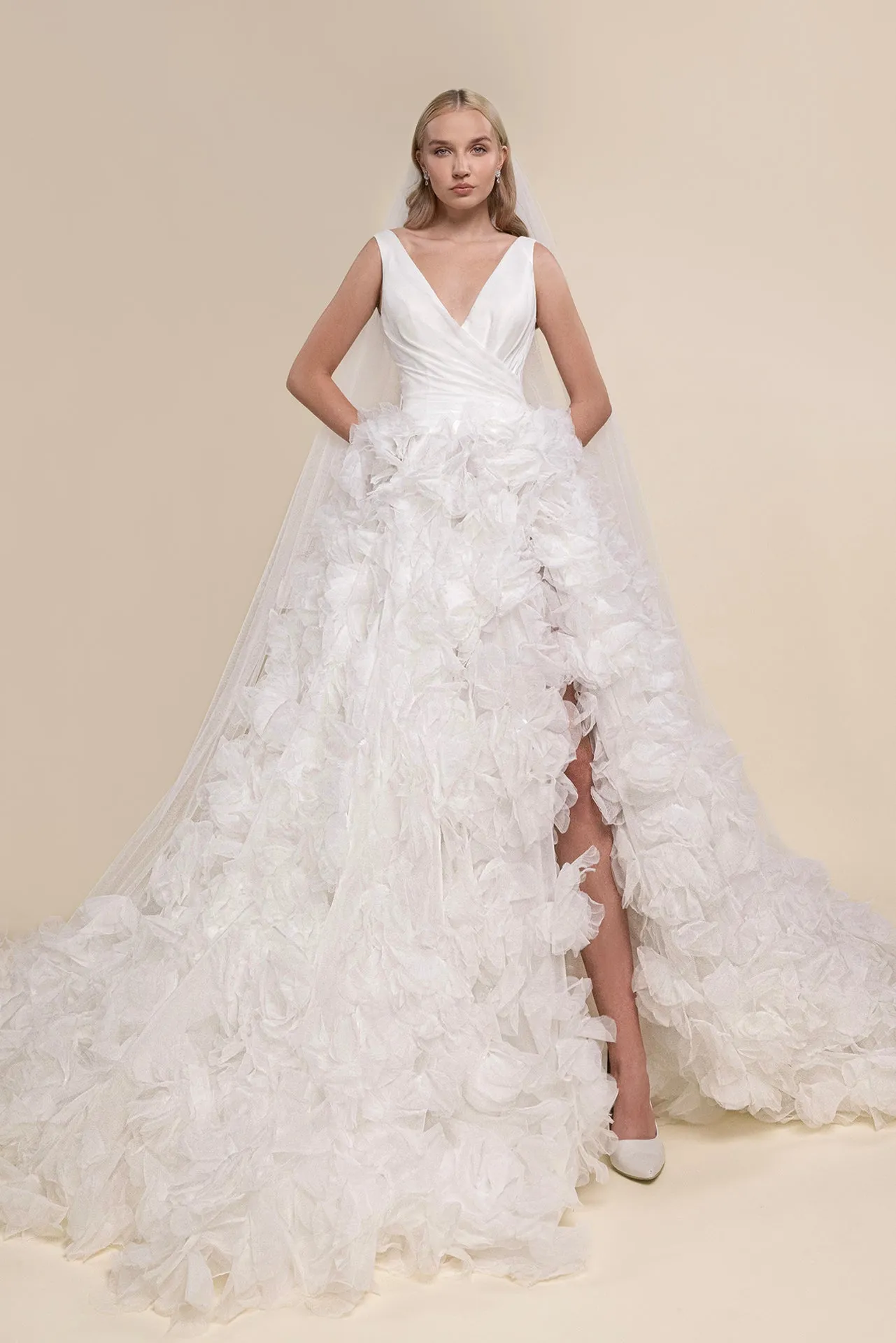 Floral Layered Bridal Gown with Side Slit and Matching Cathedral Veil