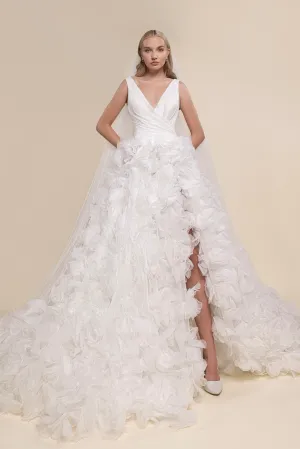 Floral Layered Bridal Gown with Side Slit and Matching Cathedral Veil