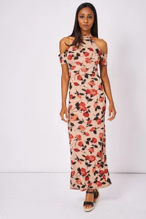 Floral Pattern Cold Shoulder Dress With Cut Out Back Detail