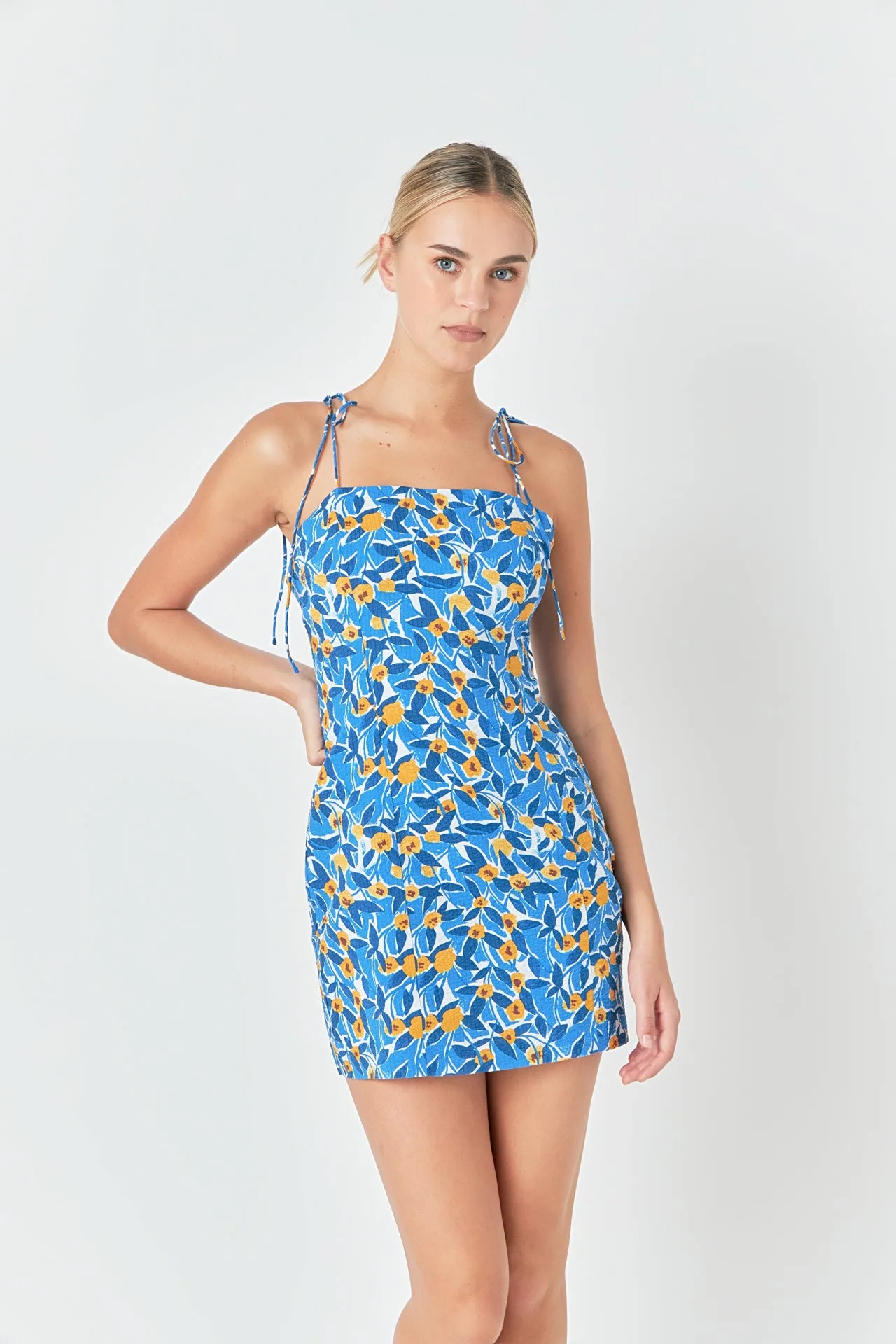 Floral Print Textured Fitted Mini Dress