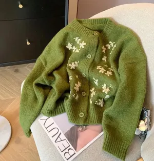 Flower Embroidery Green Cashmere Cardigan