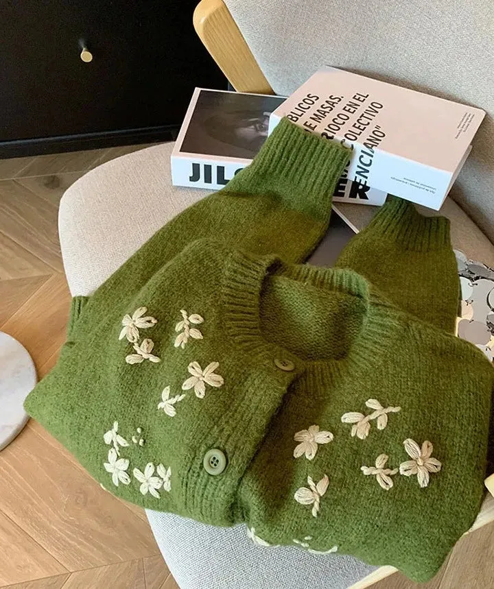 Flower Embroidery Green Cashmere Cardigan