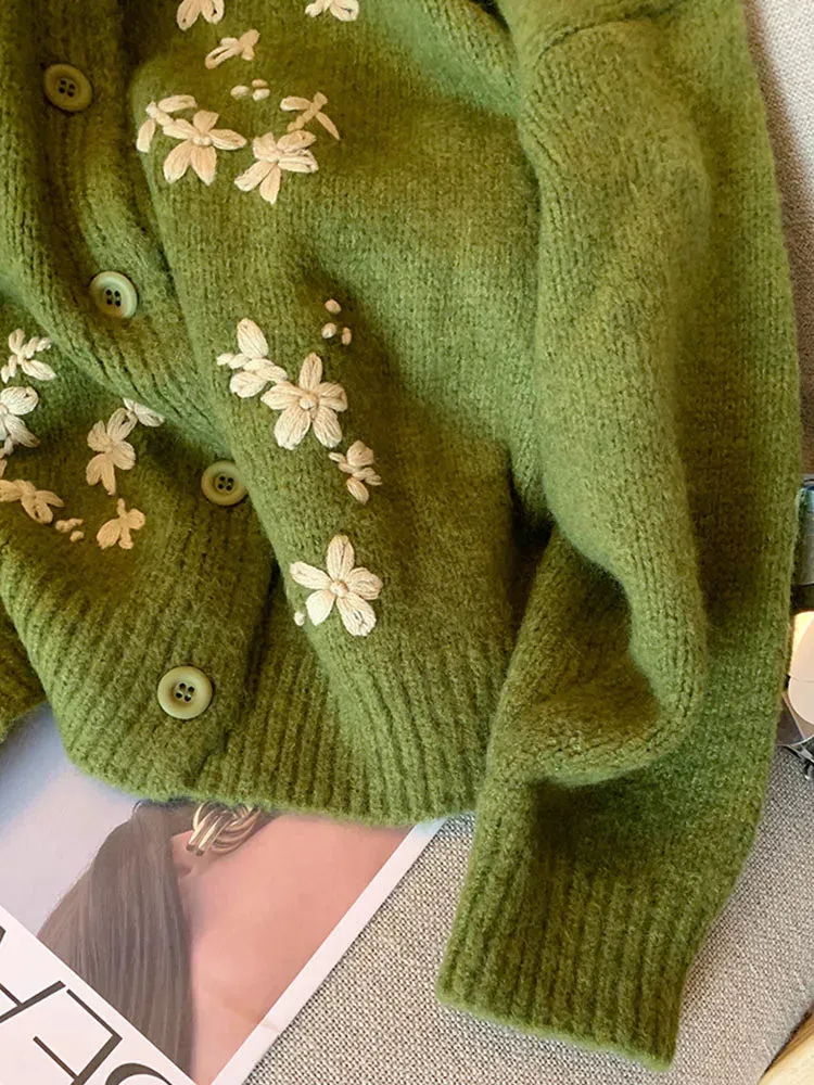 Flower Embroidery Green Cashmere Cardigan