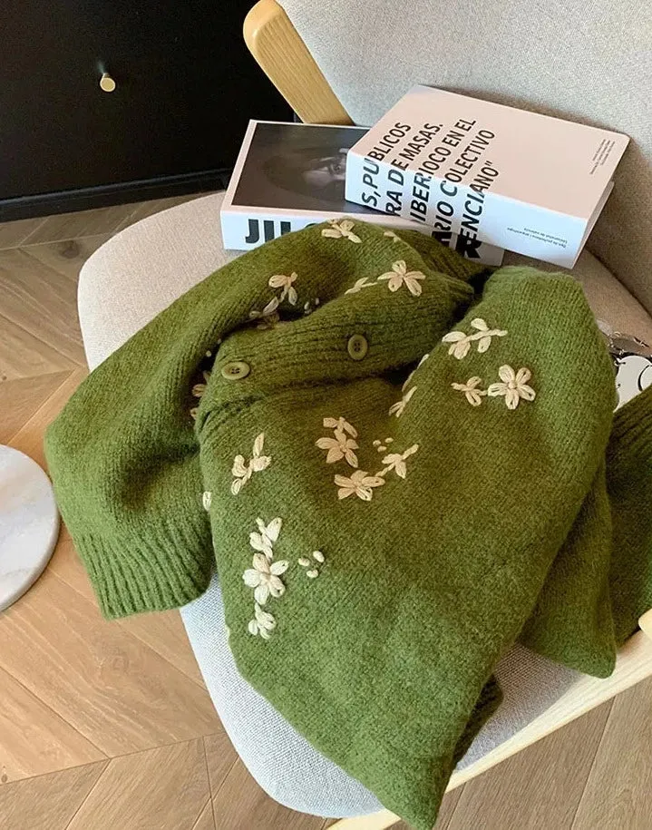 Flower Embroidery Green Cashmere Cardigan