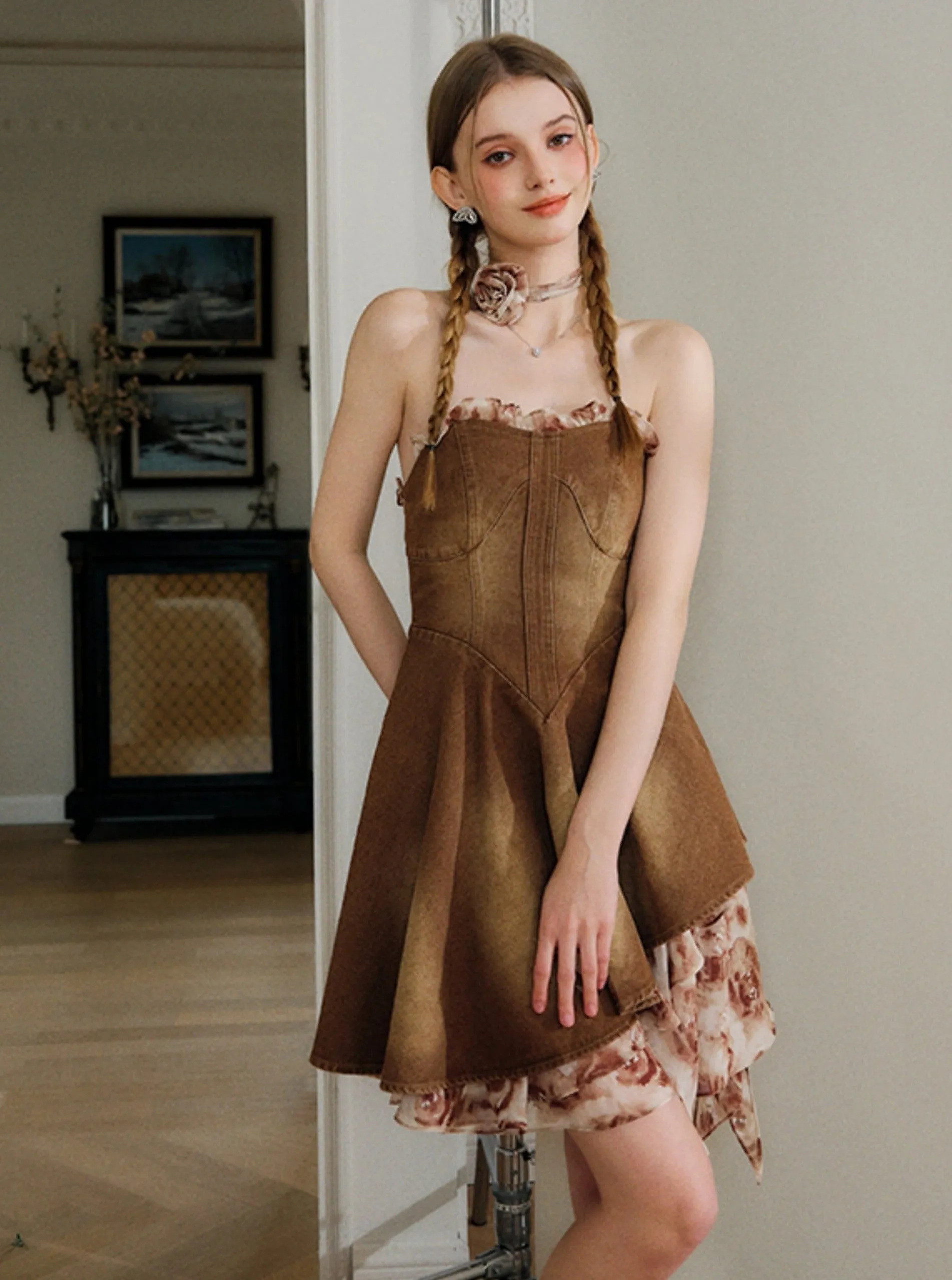 French Retro Denim Slip Dress