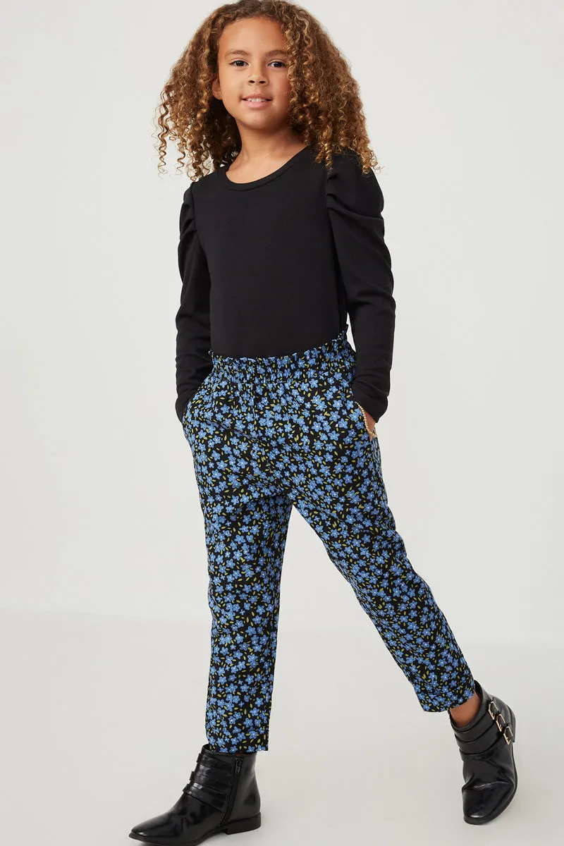 Girls Floral Printed Corduroy Elastic Waist Pants