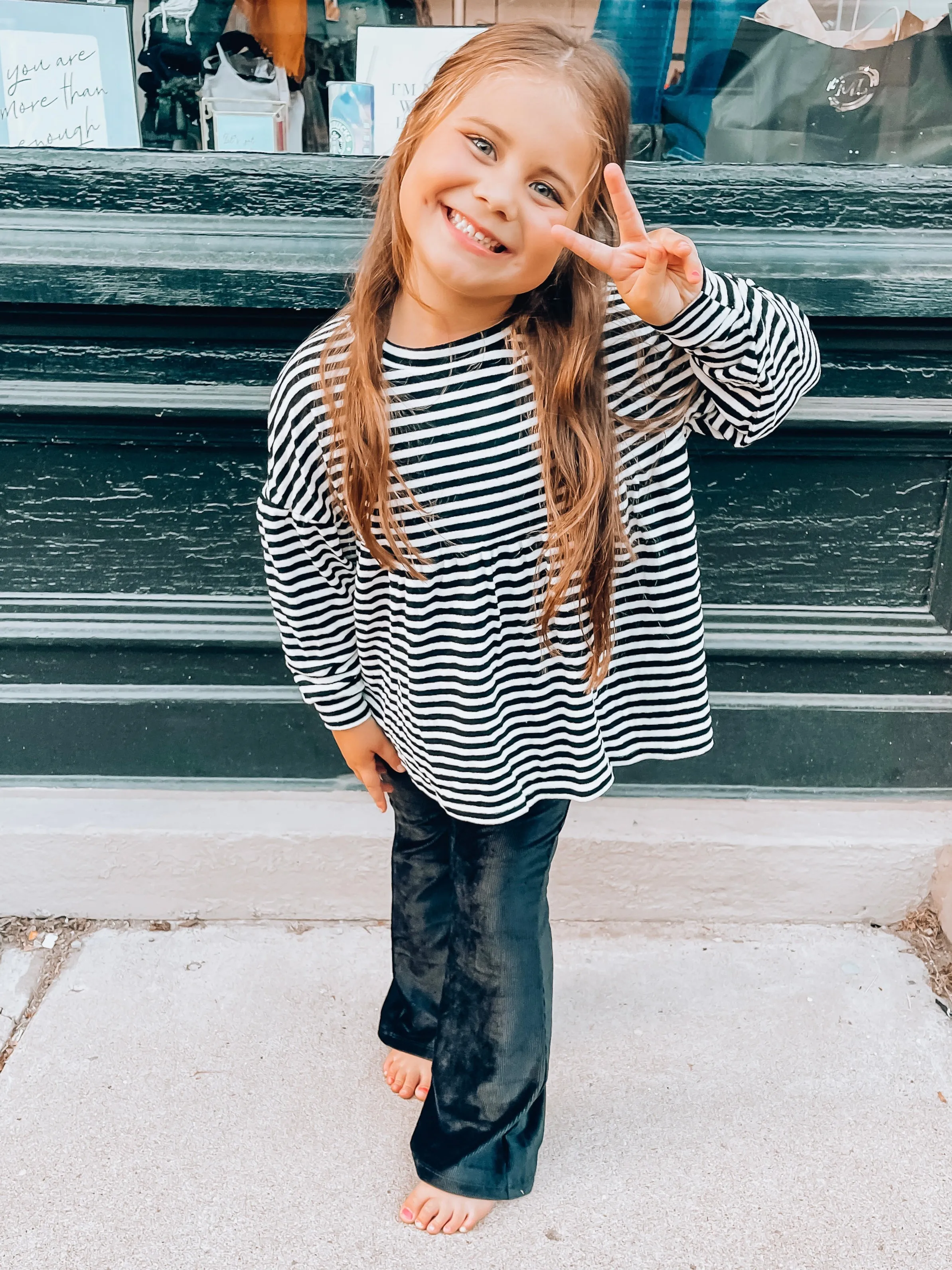 Girls Striped Knit Puff Sleeve Peplum Top