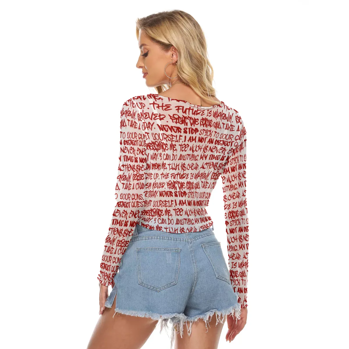 Graffiti Mesh Long Sleeve Crop Top, White & Red
