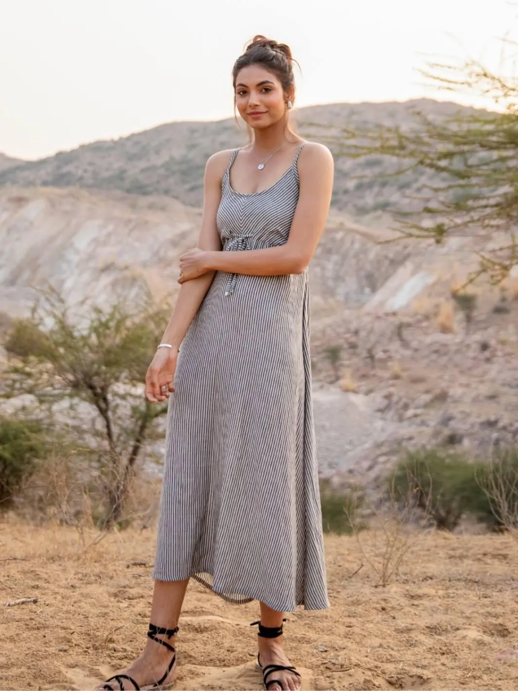 Grey Stripes Cotton Maxi Slip Dress