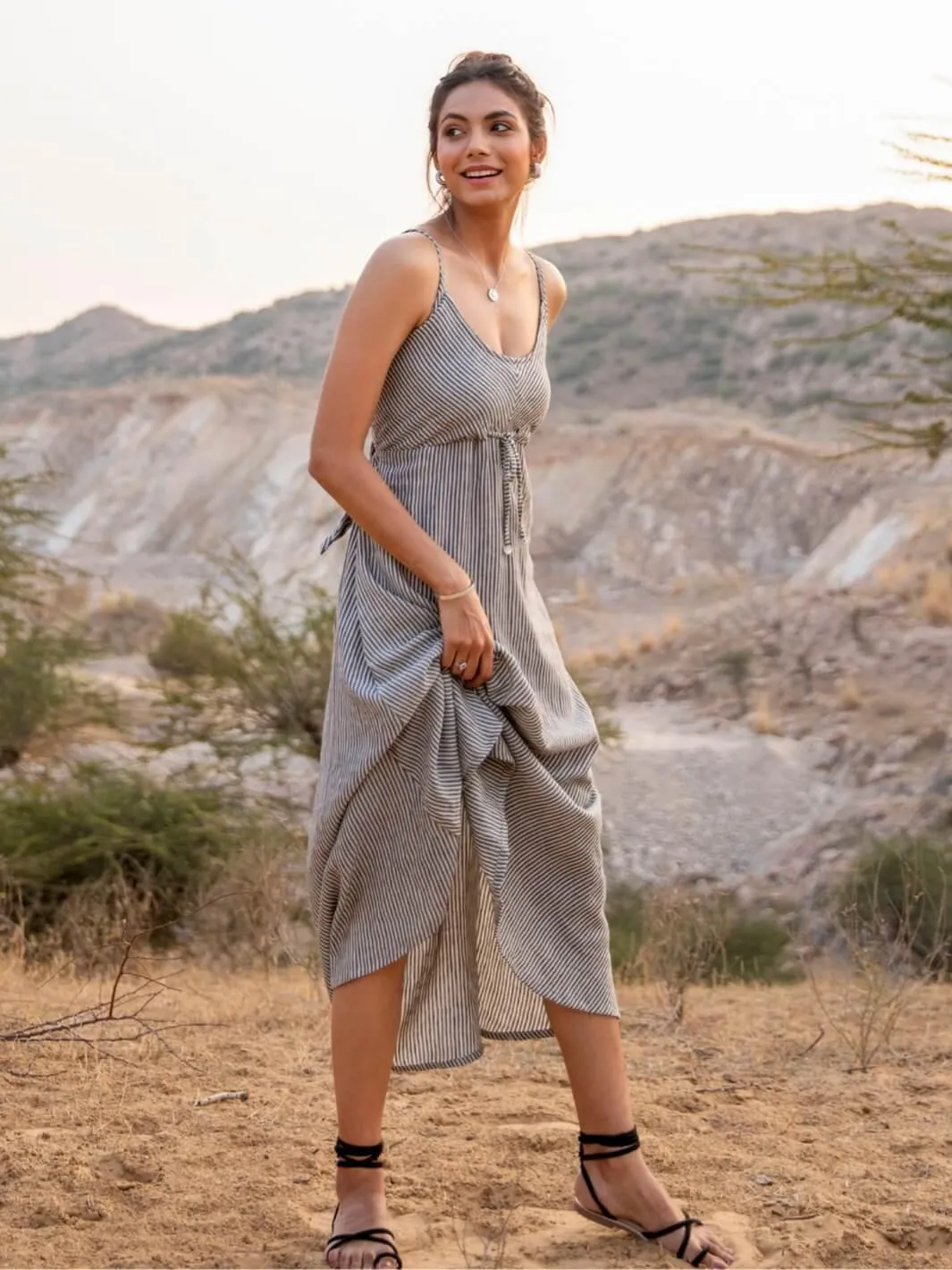 Grey Stripes Cotton Maxi Slip Dress