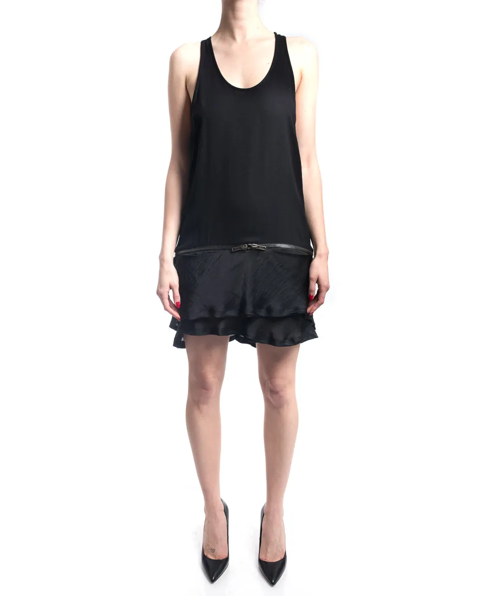 Haider Ackermann Black Tank Zipper Dress with Satin Ruffle Hem - 6