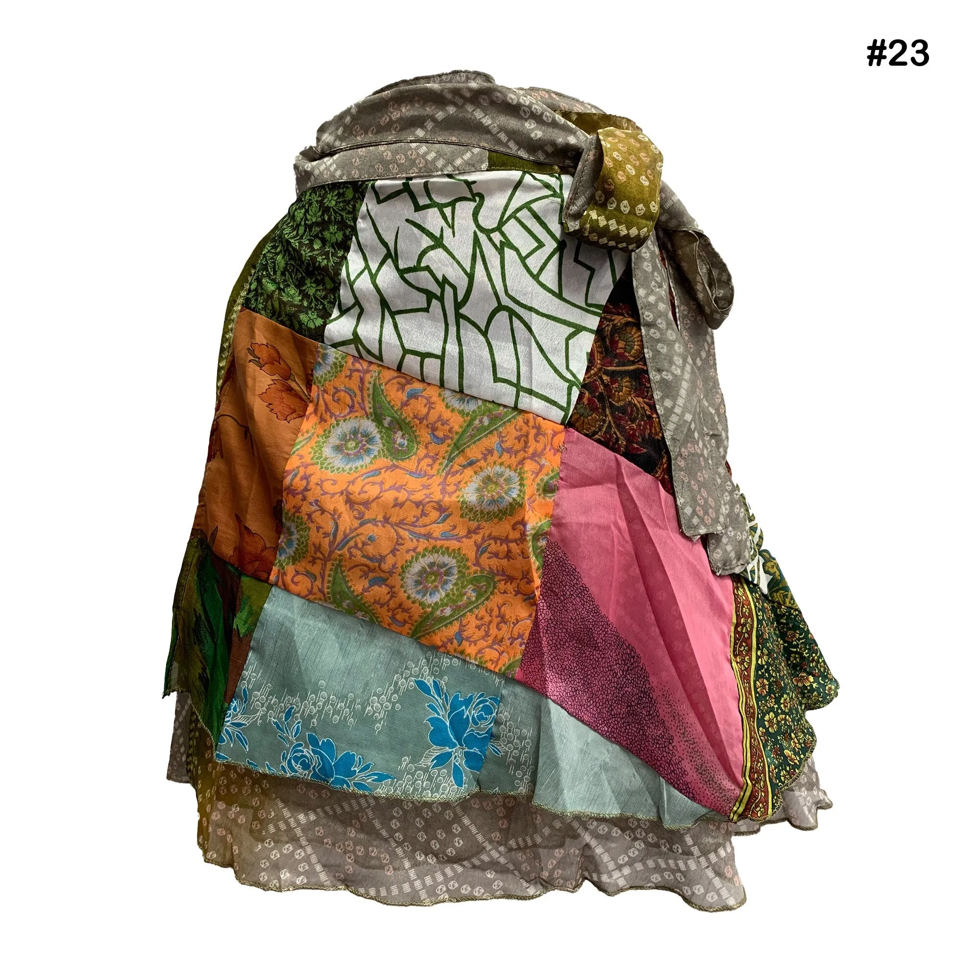 Handmade Patchwork Indian Bohemian Recycled Vintage Silk Frabric Reversible Wrap-Around Mini Midi Skirt