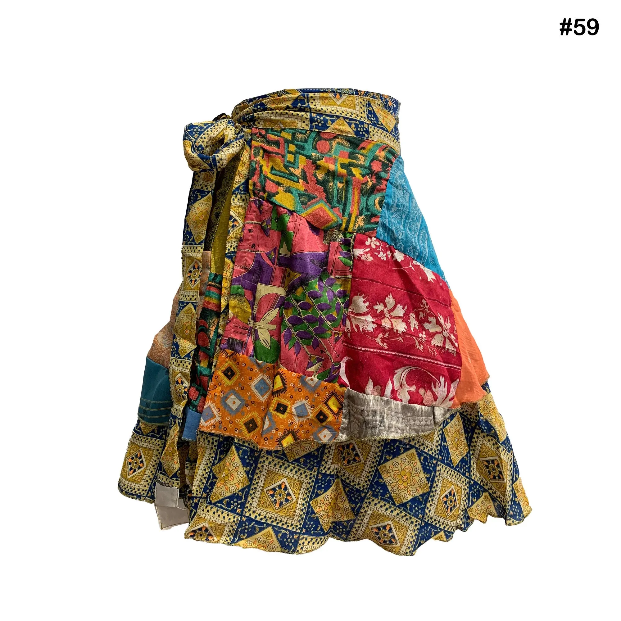 Handmade Patchwork Indian Bohemian Recycled Vintage Silk Frabric Reversible Wrap-Around Mini Midi Skirt