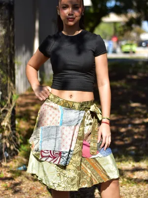 Handmade Patchwork Indian Bohemian Recycled Vintage Silk Frabric Reversible Wrap-Around Mini Midi Skirt