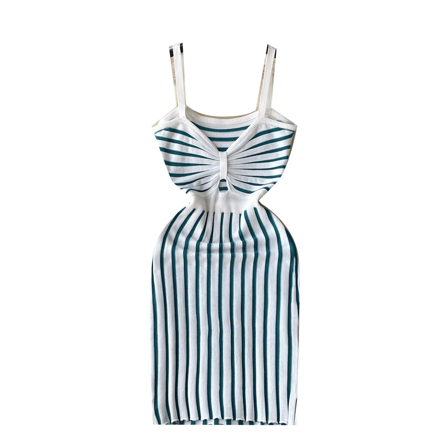 Hollowed Twisted Striped Knitted Slip Dress