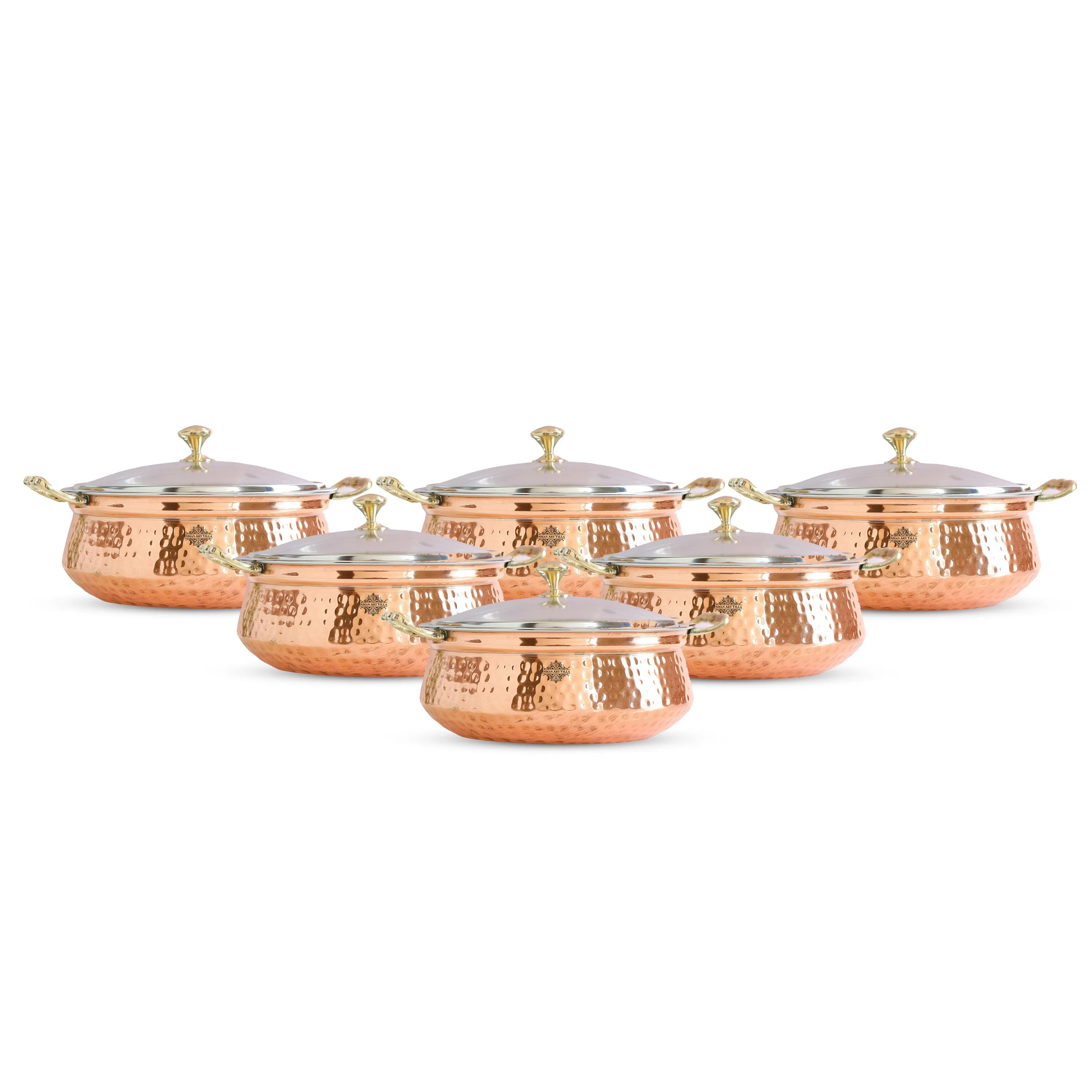 Indian Art Villa Pure Steel Copper Hammered Design Casserole with Brass Handles, Traditional look