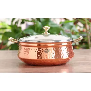 Indian Art Villa Pure Steel Copper Hammered Design Casserole with Brass Handles, Traditional look