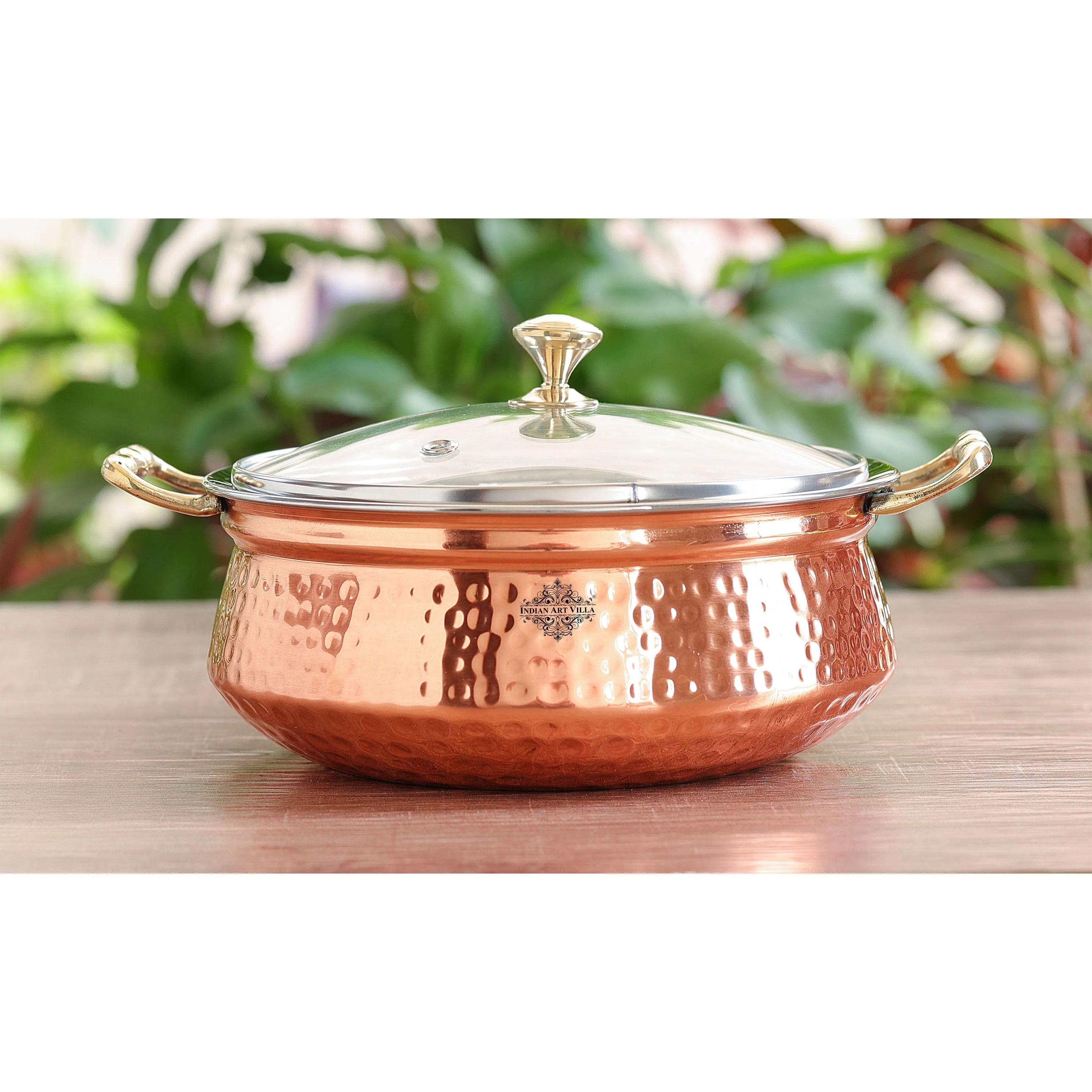 Indian Art Villa Pure Steel Copper Hammered Design Casserole with Brass Handles, Traditional look