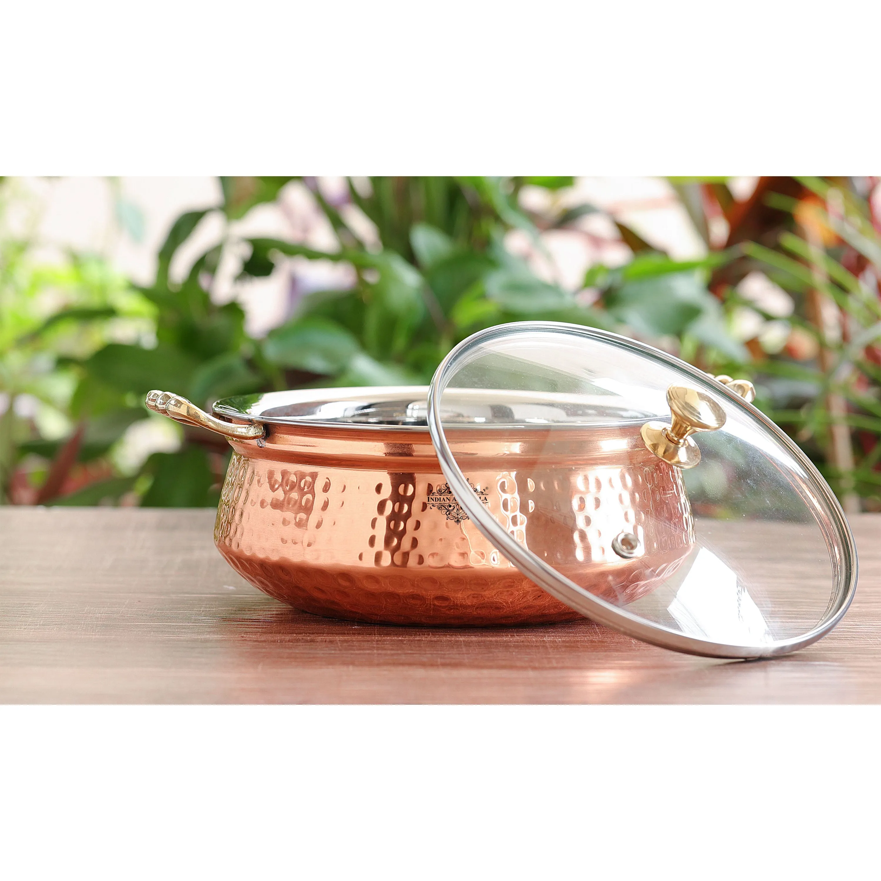 Indian Art Villa Pure Steel Copper Hammered Design Casserole with Brass Handles, Traditional look