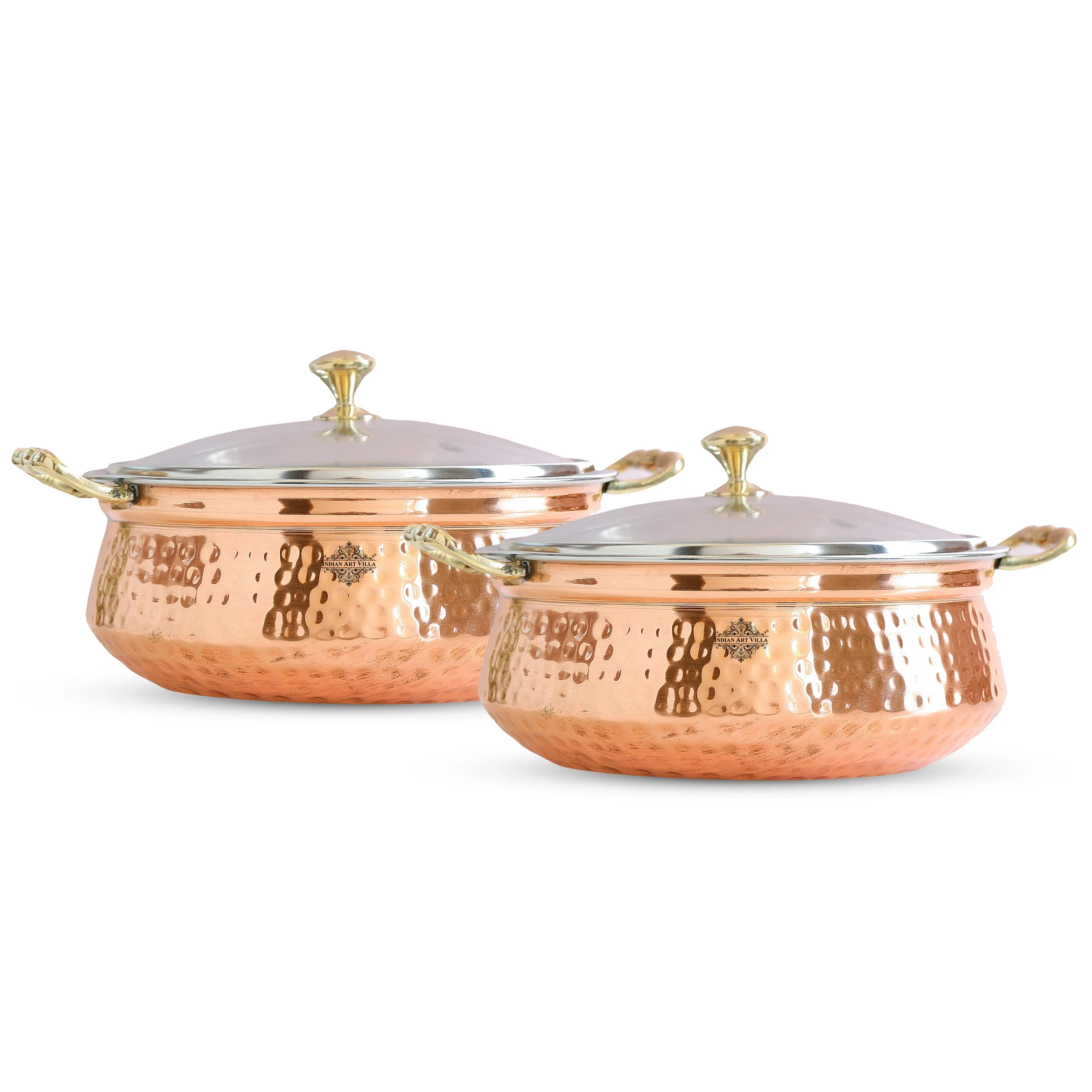 Indian Art Villa Pure Steel Copper Hammered Design Casserole with Brass Handles, Traditional look