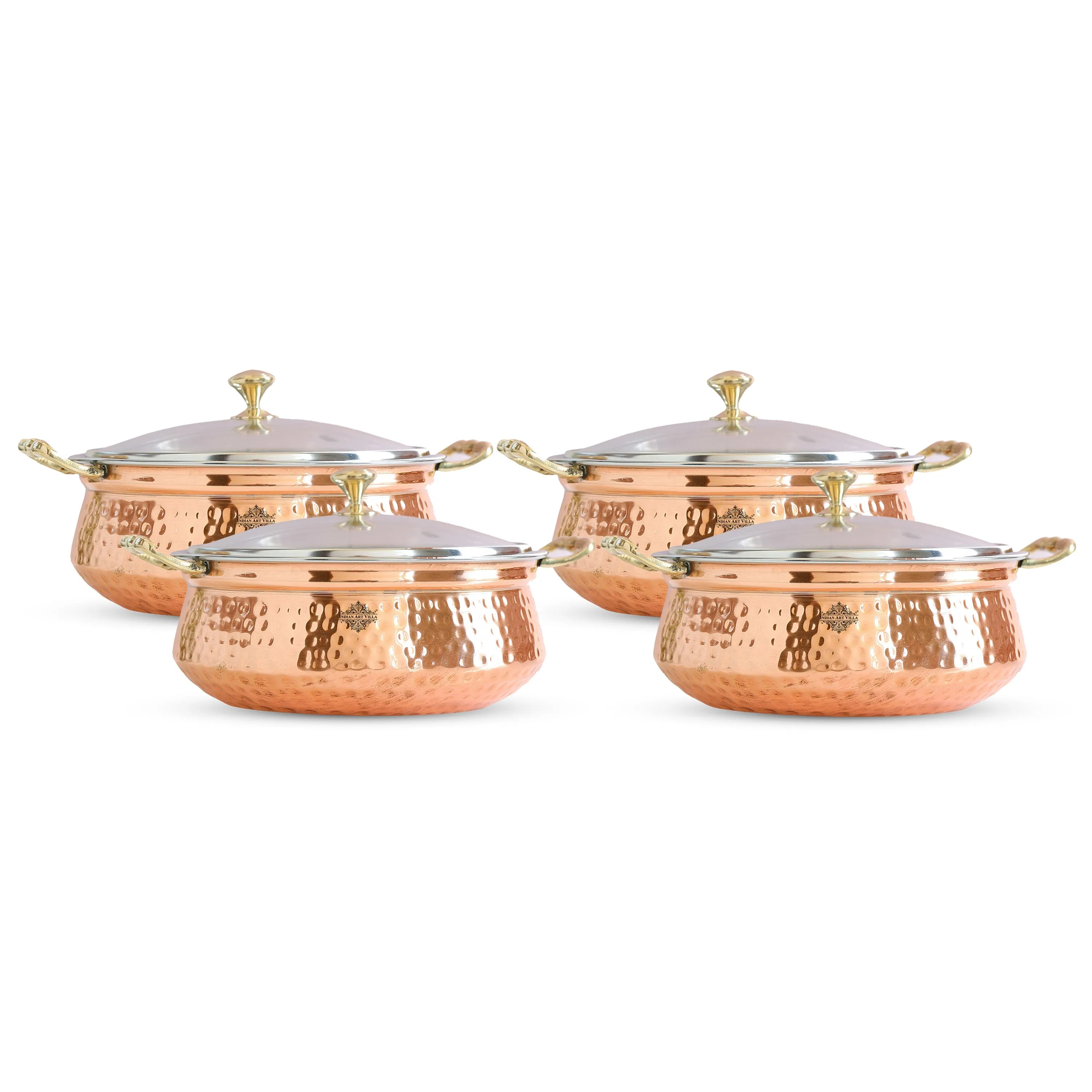Indian Art Villa Pure Steel Copper Hammered Design Casserole with Brass Handles, Traditional look