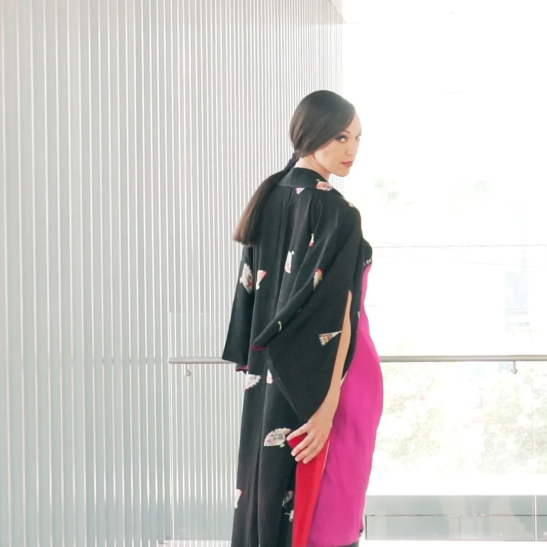 Japanese Fans Black Silk Kimono