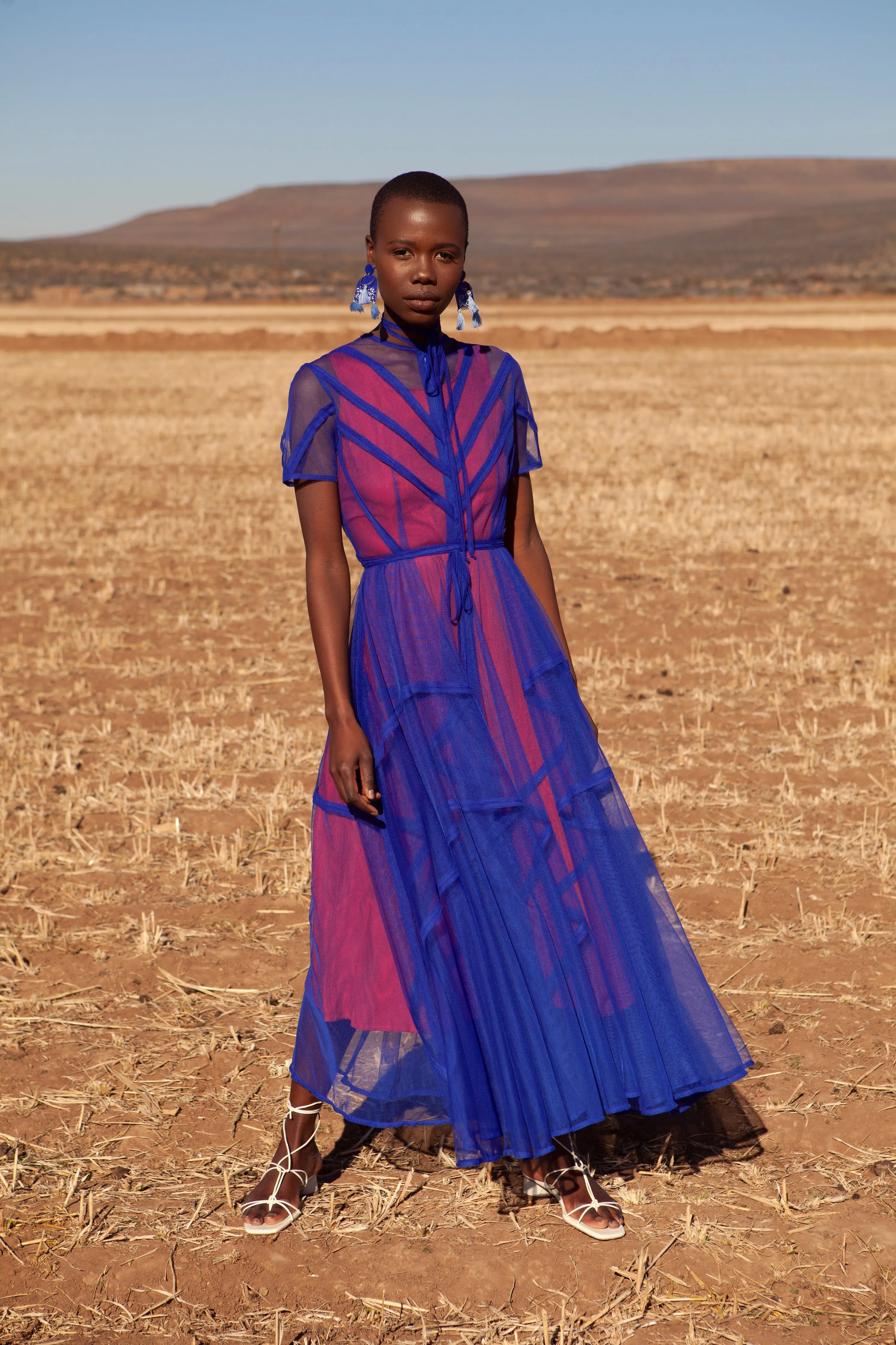 JUDITH ATELIER SOPHIE SEAM BINDED SHEER TULLE DRESS BLUE