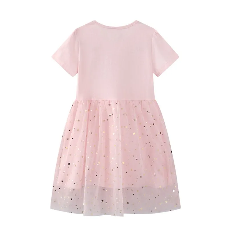 Little Princess Cat Pattern Pink Short Sleeve Summer Dress