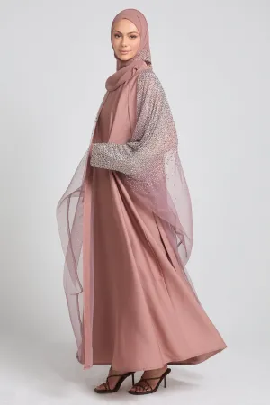 Luxury Three Piece Celestial Stardust Open Abaya Set - Mahogany Rose