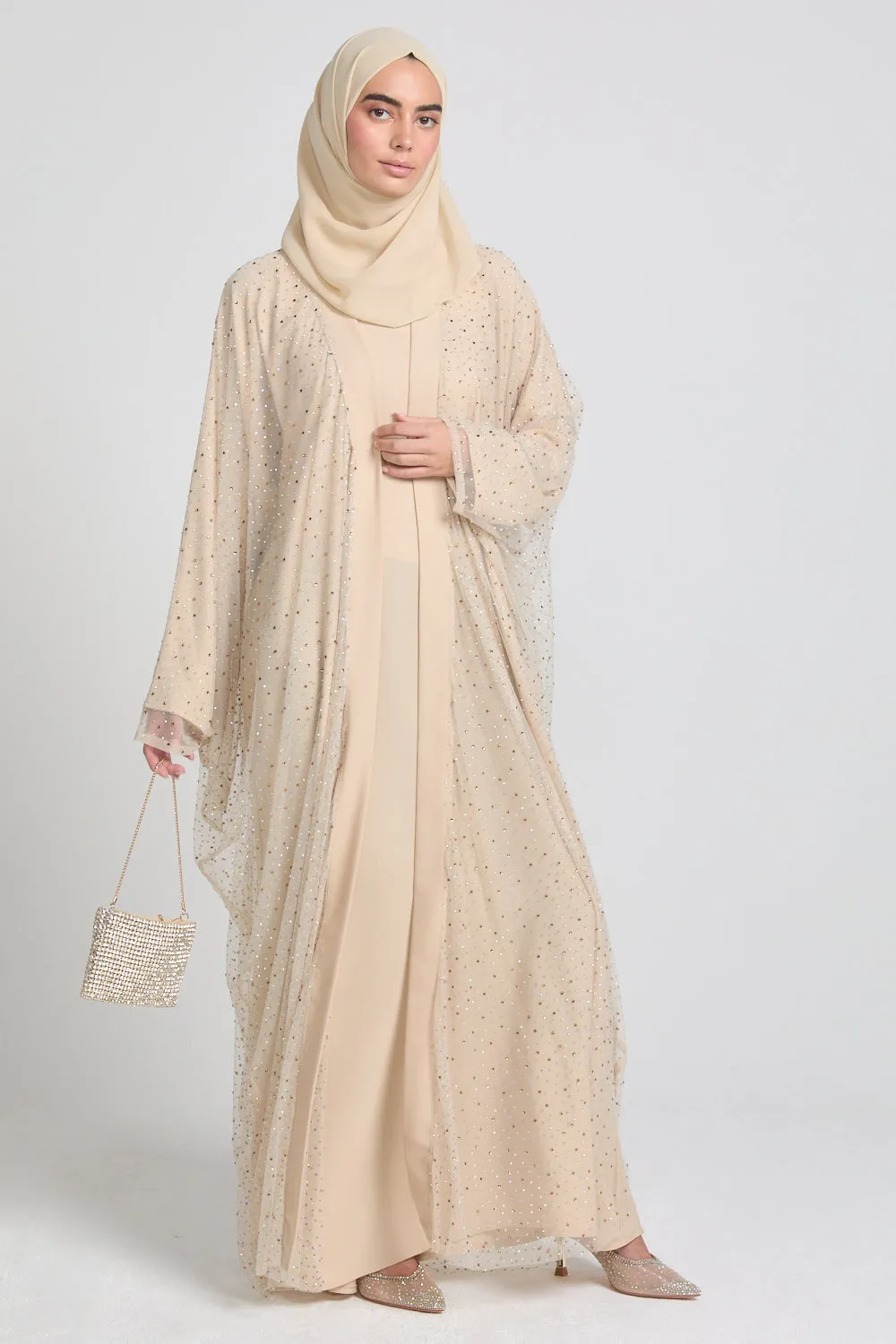 Luxury Three Piece Celestial Stardust Open Abaya Set - Moonlit Sand
