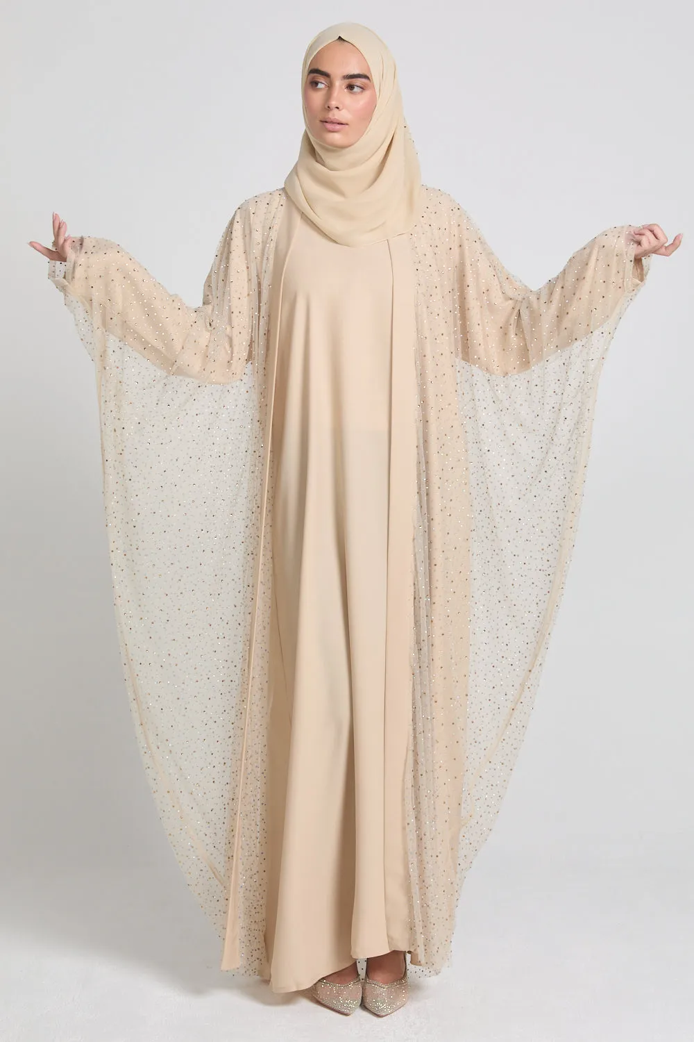 Luxury Three Piece Celestial Stardust Open Abaya Set - Moonlit Sand