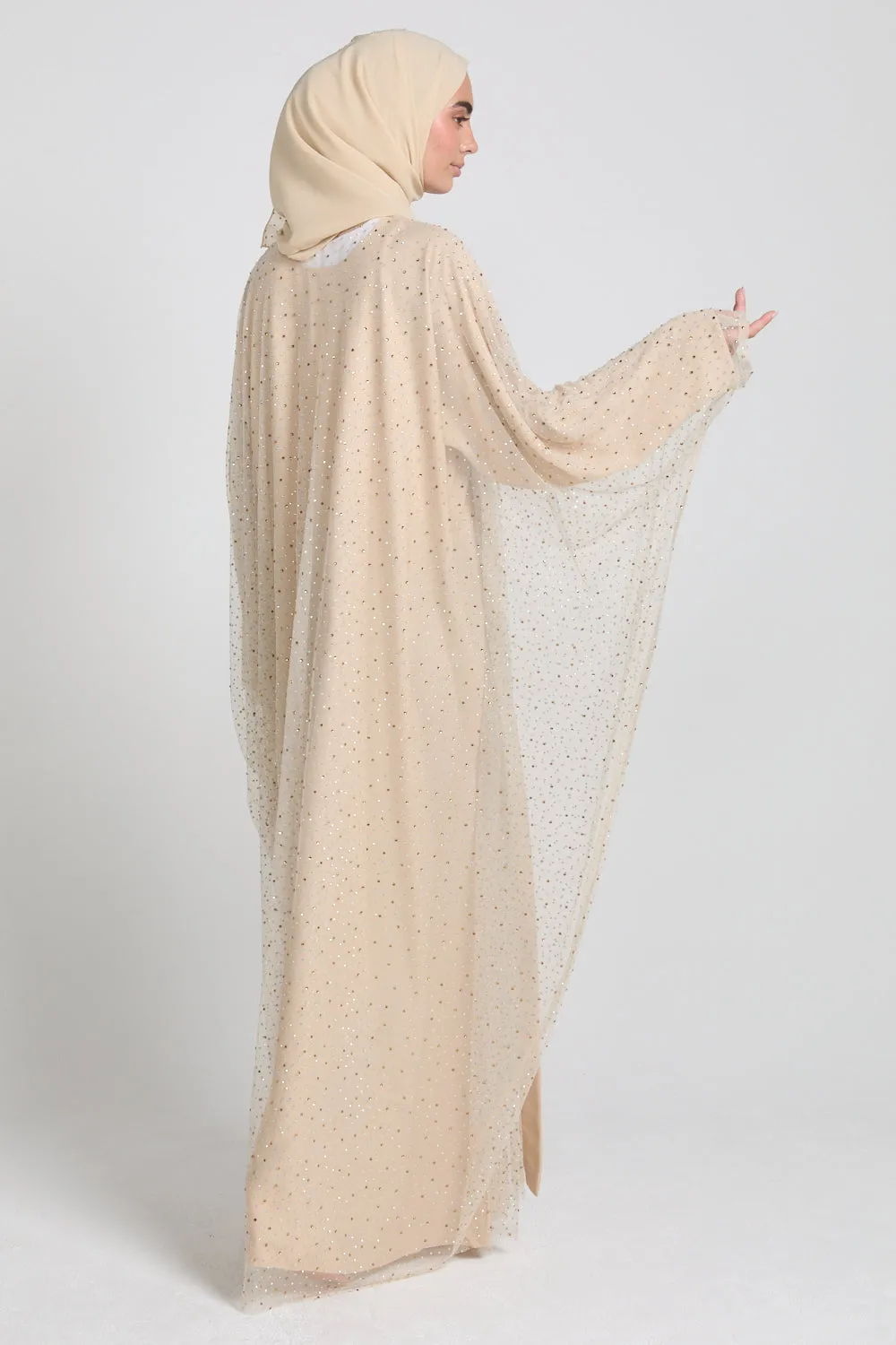 Luxury Three Piece Celestial Stardust Open Abaya Set - Moonlit Sand